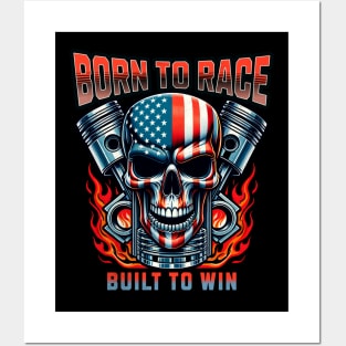 USA Born To Race Built To Win Racing Cars American Flag Patriotic Skull Face Piston Rods American Posters and Art